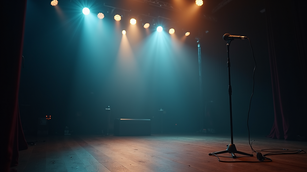 Eye-level view of a small stage with microphone and spotlight