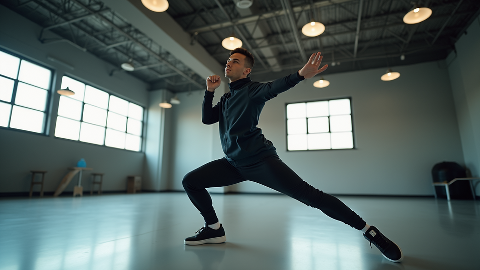 Eye-level view of a hip-hop dance instructor demonstrating moves in a studio