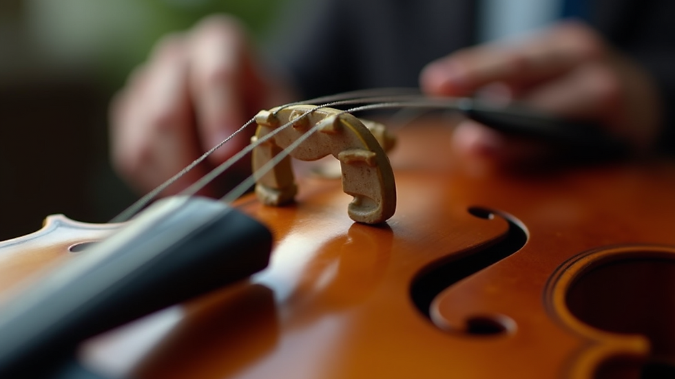 High angle view of violin fingerboard with fingers pressing down on strings