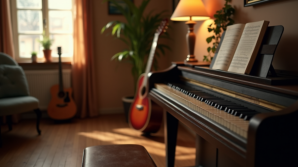 Eye-level view of a cozy music studio with a piano and guitar