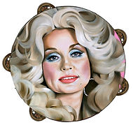 Portrait of Dolly Parton with 70s hairstyle on a tambourine