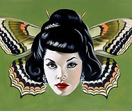 Woman's face with black hair and monarch butterfly style wings behind her