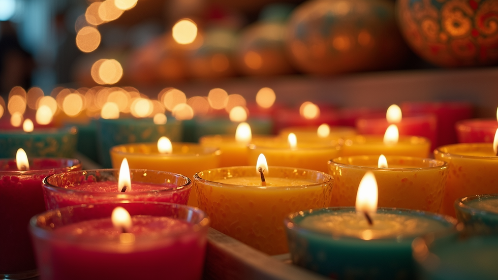 Eye-level view of a variety of colourful decorative candles on display