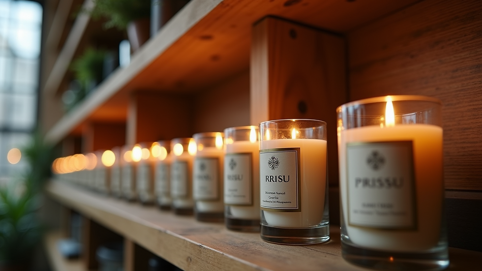 Eye-level view of a collection of Irish scented candles on a wooden shelf