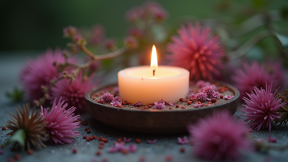 Eye-level view of a candle surrounded by heather flowers and natural Irish elements