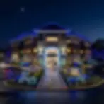 Architectural photography of a multistory office building at night, illuminated by festive blue holiday lights across its facade and surrounding landscaping. The scene conveys a professional, welcoming atmosphere during the winter season.