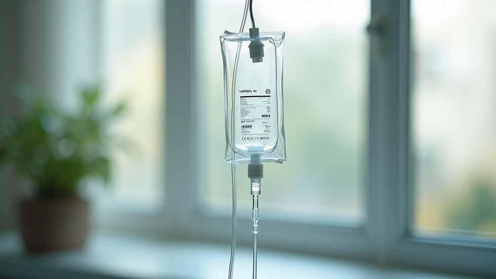 Close-up view of an IV drip bag hanging in a bright, modern home setting