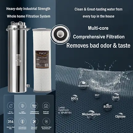 UPF-S20L heavy duty stainless steel water filter key feature illustration