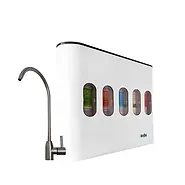 Compact under sink water purification system with faucet.