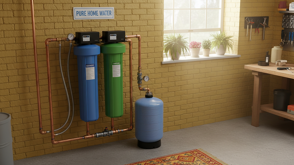 High angle view of a whole house water filtration system installed in a basement