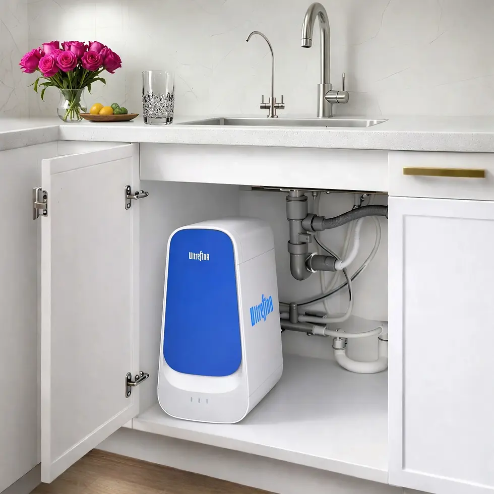 Close-up view of a modern water filtration system installed under a kitchen sink