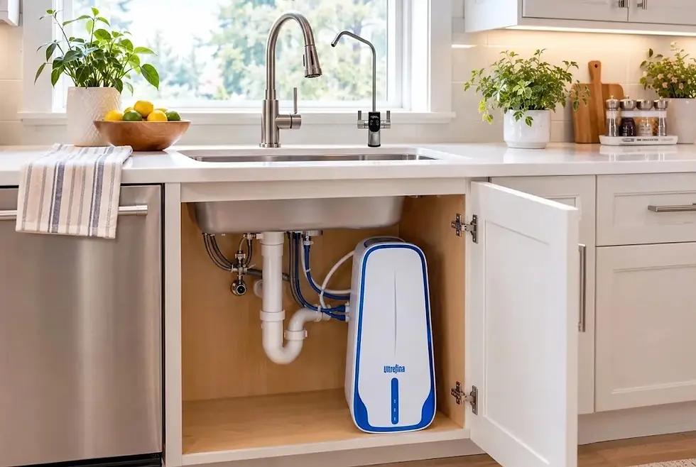 Close-up view of Ultrefina under sink water filter system installed beneath kitchen cabinet