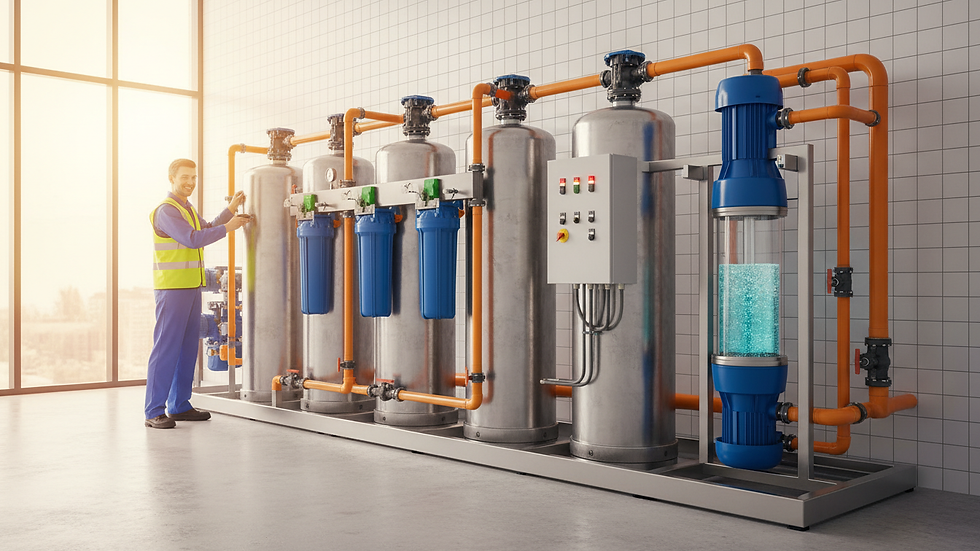 Eye-level view of a commercial water filtration system installed in a business facility