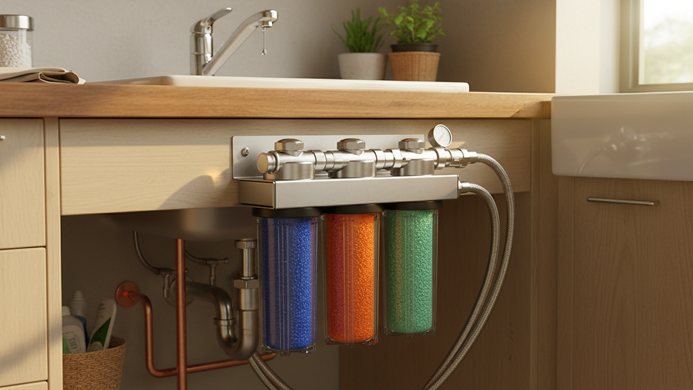 Close-up view of a modern water filtration system installed under a kitchen sink