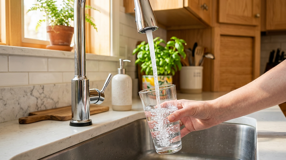 Eye-level view of water flowing from kitchen faucet with clear glass of water