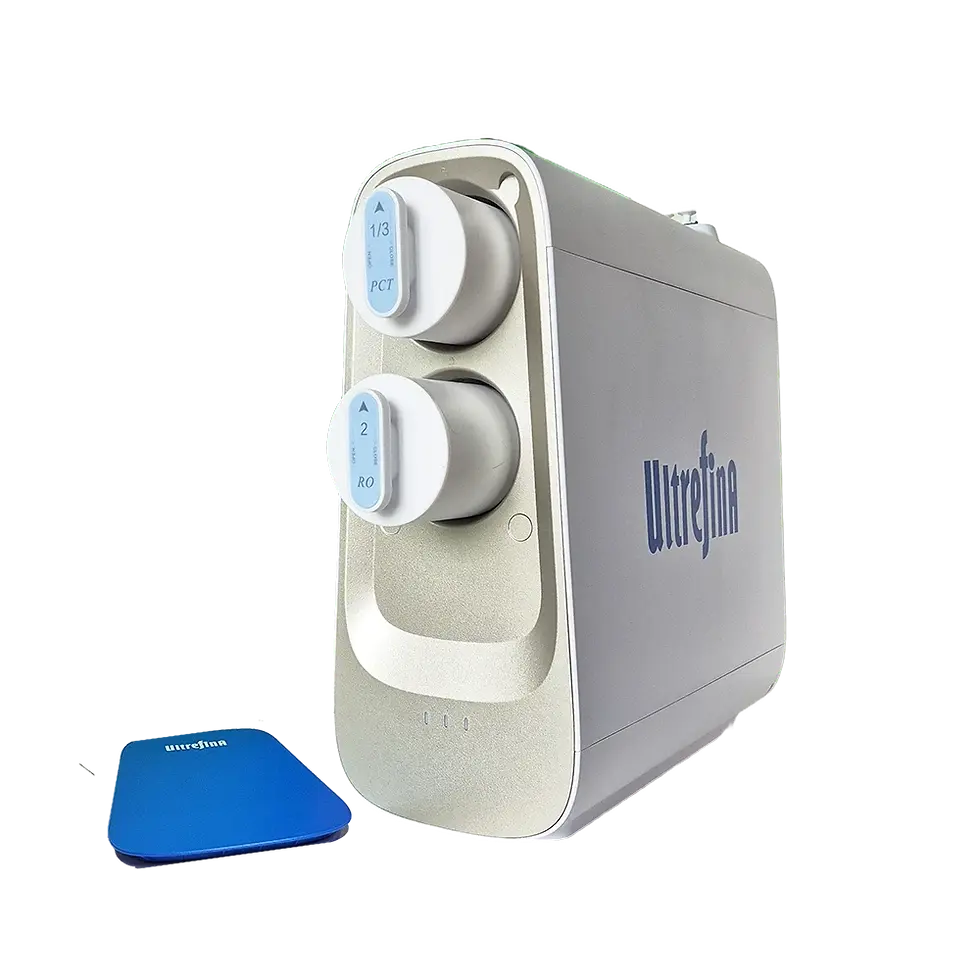 Thumbnail: Ultrefina non-electric RO system URO-T09A with cover plate off showing front loading cartridges