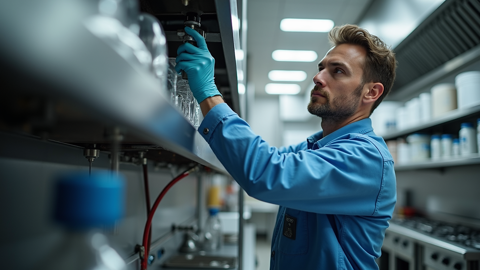 Eye-level view of a technician installing a water filtration system in a commercial kitchen