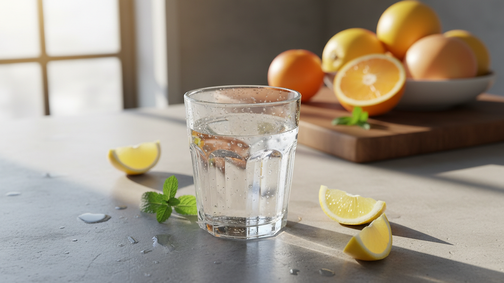 High angle view of a glass of clear filtered water on a kitchen counter