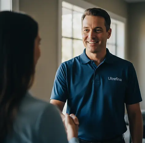 Ultrefina service rep shaking hands with customer