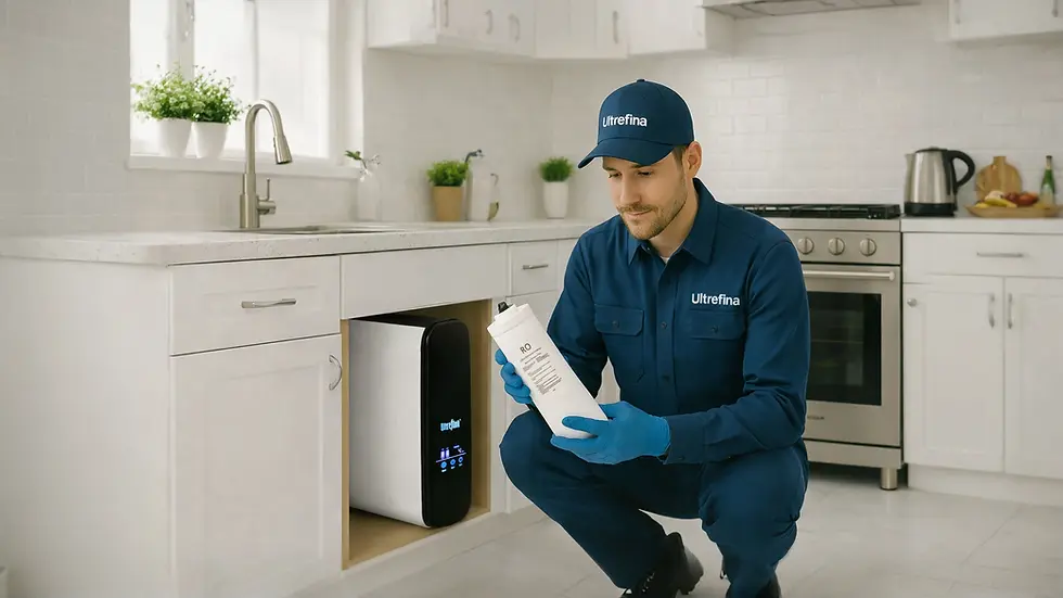A professional Ultrefina technician in uniform and gloves crouches in a modern kitchen, holding a replacement filter cartridge beside the brand’s under‑sink purification unit.