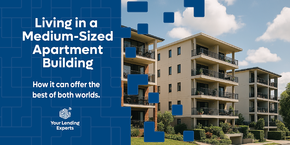 A modern medium‑sized apartment complex featuring several four‑level residential buildings with balconies, surrounded by landscaped gardens under a bright blue sky with scattered clouds. The image represents community living in mid‑sized apartment buildings, highlighting a clean, well‑maintained urban environment.