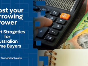 Calculator and hand on notepad with Australian currency. Text reads "Boost your Borrowing Power." Glasses nearby. Mood: focused.