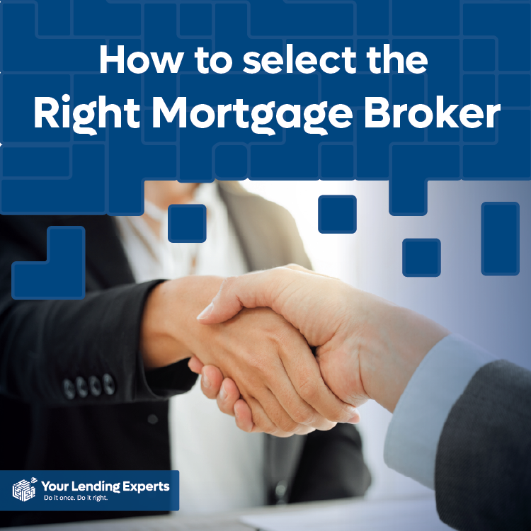 Two people shake hands in a business setting. Text reads "How to select the Right Mortgage Broker." Blue and white geometric design.