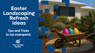 Rustic wheelbarrow with colourful Easter eggs on a stone feature in an Australian native garden with a bunny topiary.