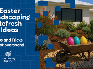 Rustic wheelbarrow with colourful Easter eggs on a stone feature in an Australian native garden with a bunny topiary.