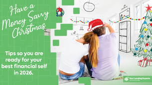 Couple in Santa hats decorates a room with a Christmas tree. Text: "Have a Money Savvy Christmas" and "Tips so you are ready for your best financial self in 2026"Aussie Households."