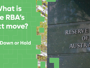 Green background with text: "What is the RBA's next move? Up, Down or Hold." Sign reads "Reserve Bank of Australia." Urban setting.