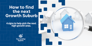 Magnifying glass over blue house model, with text on finding growth suburbs. Background has white houses. Text: "Your Lending Experts."