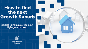 Magnifying glass over blue house model, with text on finding growth suburbs. Background has white houses. Text: "Your Lending Experts."