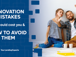 Couple in casual wear sit on floor, gesturing at wall. Paint cans and cups beside them. Text: "Renovation mistakes" above. Calm mood.