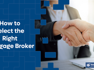 Two people shake hands in a business setting. Text reads "How to select the Right Mortgage Broker." Blue and white geometric design.