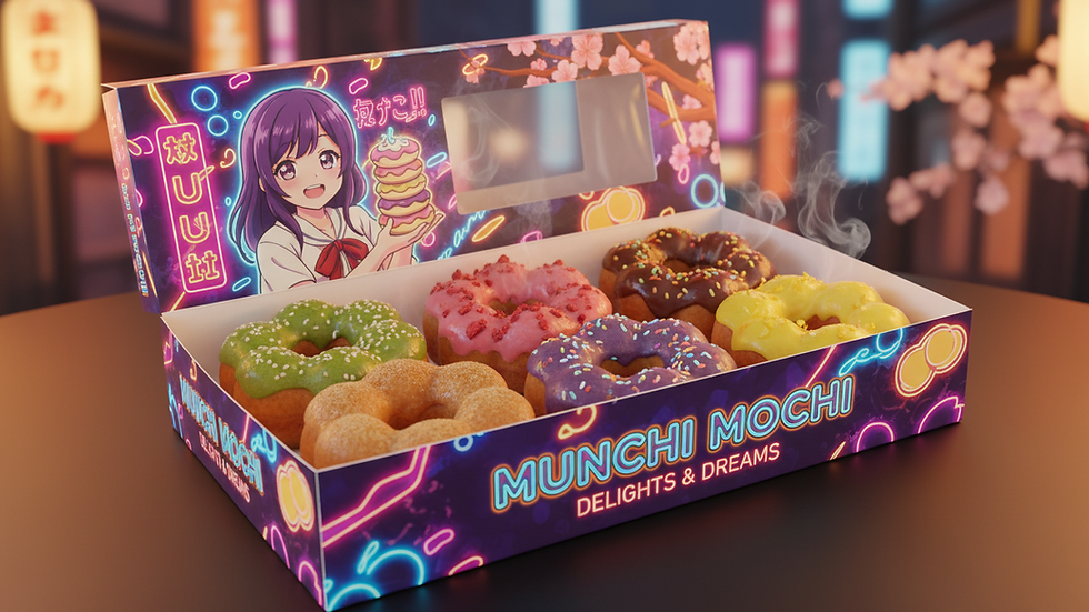 Eye-level view of a colorful mochi donut gift box with assorted flavors