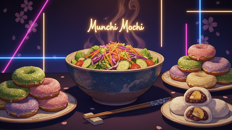 Close-up view of a colorful assortment of mochi donuts arranged on a rustic wooden board