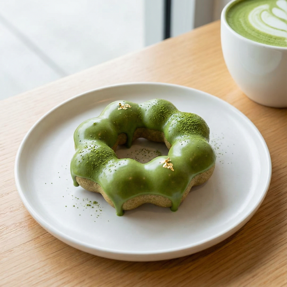 Close-up view of a mochi donut with matcha glaze on a white plate