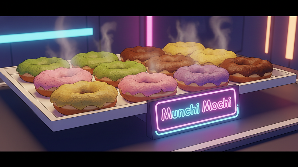 Close-up view of colorful mochi donuts arranged on a display tray