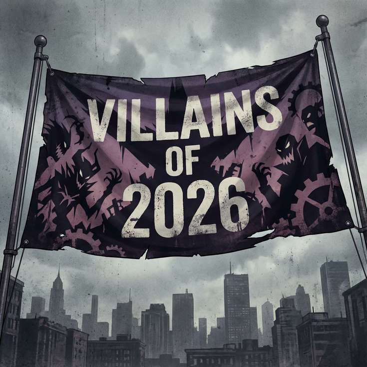 Tattered purple banner hanging between two poles under a dark cloudy sky, reading “VILLAINS OF 2026” in distressed white text, with shadowy villain silhouettes and a gray city skyline in the background.