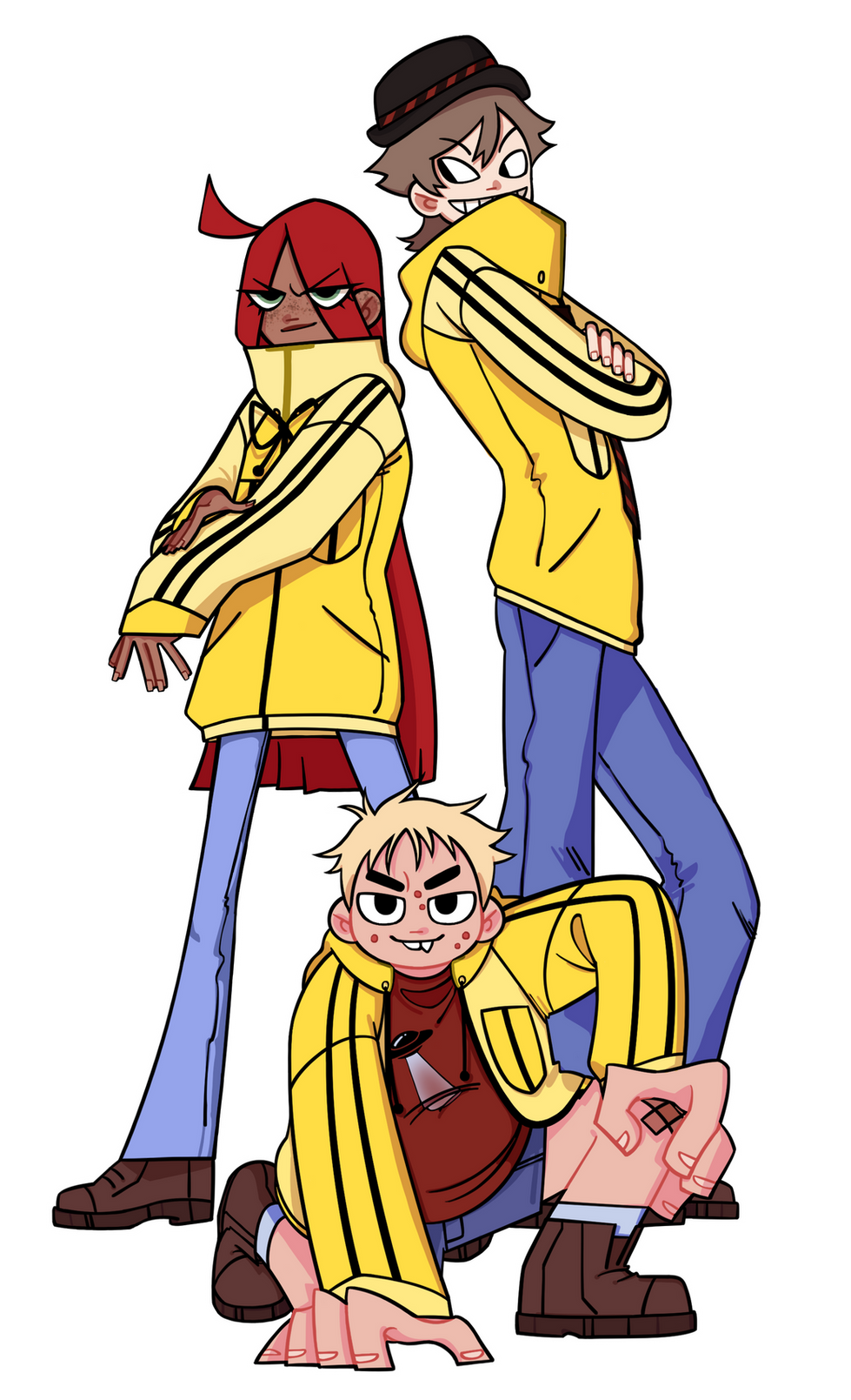 Dutch and his hive-mind crew, three interconnected villains in the Munchi Mochi mascot universe, each wearing matching bright yellow jackets with black stripes, blue pants, and brown shoes. Dutch, in a black hat, stands with arms crossed and a sly grin, flanked by one teammate with long red hair and a serious glare, and another crouched low with blond hair and a toothy smirk. As a united hive mind, they scheme together against the Munchi Mochi donut and boba tea shop heroes, adding layered rivalry to the brand’s hero-villain storyline.