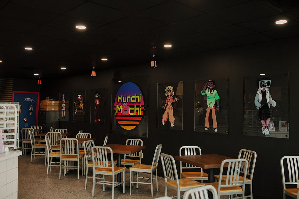 Eye-level view of cozy café interior with anime-inspired decorations