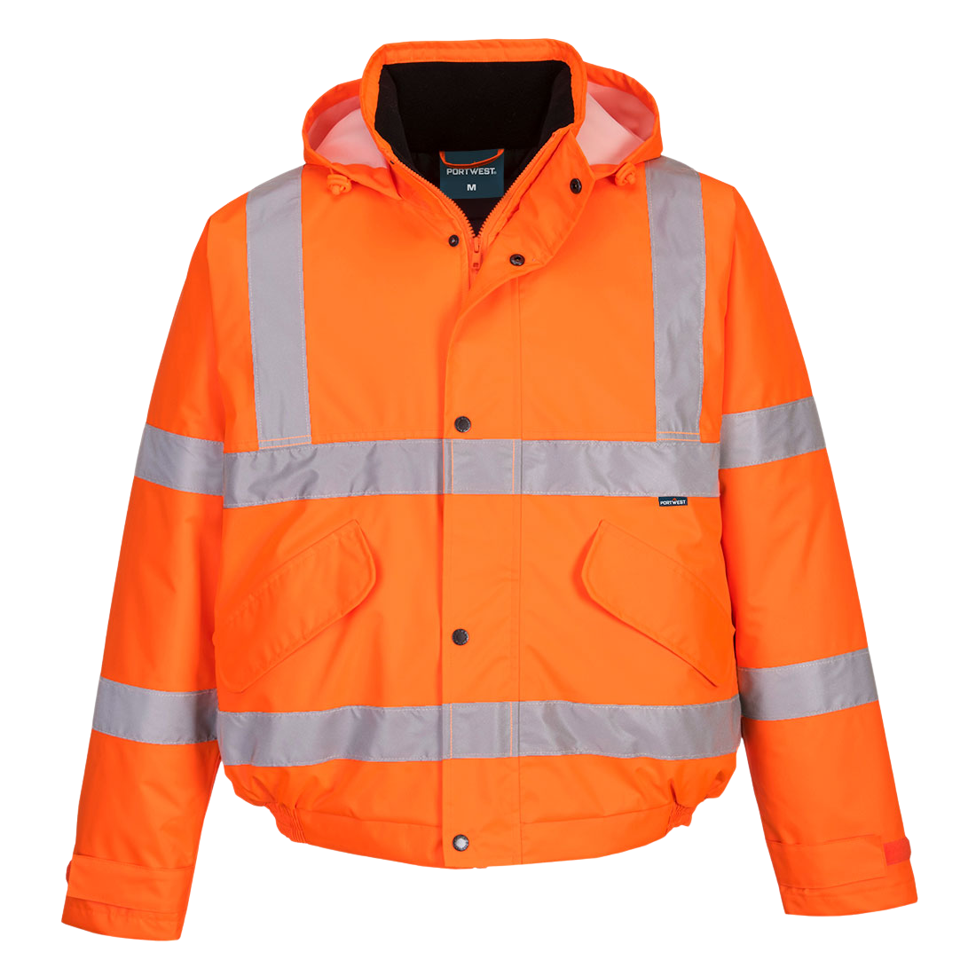 Portwest ES463 ES1 Essential hi-vis winter bomber jacket with reflective bands around the body and sleeves.