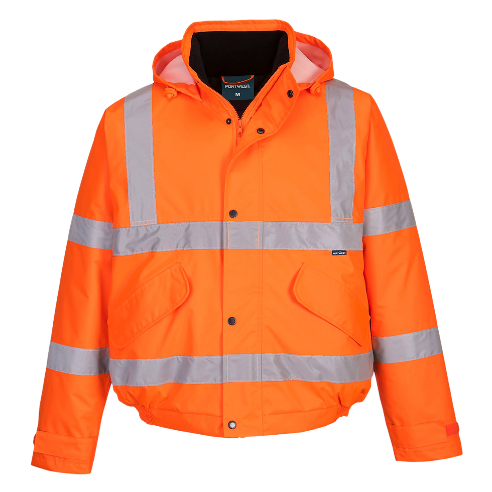 Portwest ES463 ES1 Essential hi-vis winter bomber jacket with reflective bands around the body and sleeves.