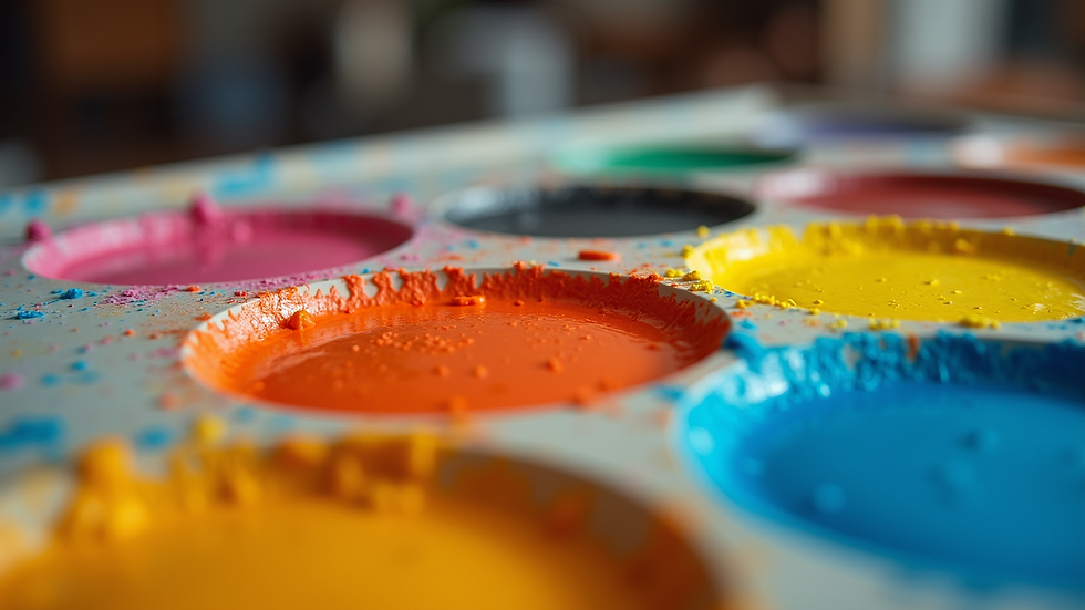 Close-up view of a vibrant painting palette with various colors