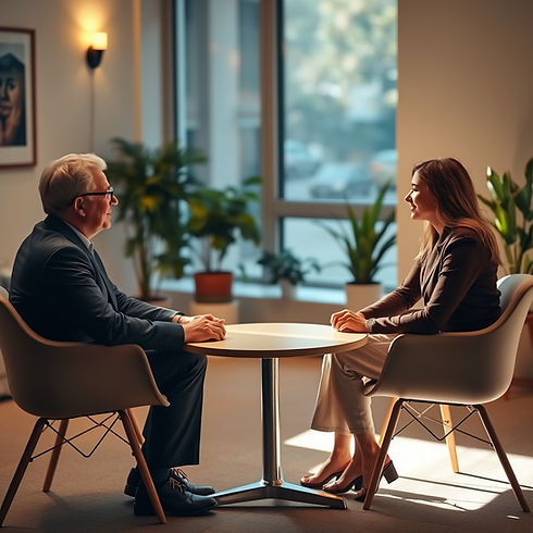 A warm, softly lit meeting space with a small round table, two people seated across from e