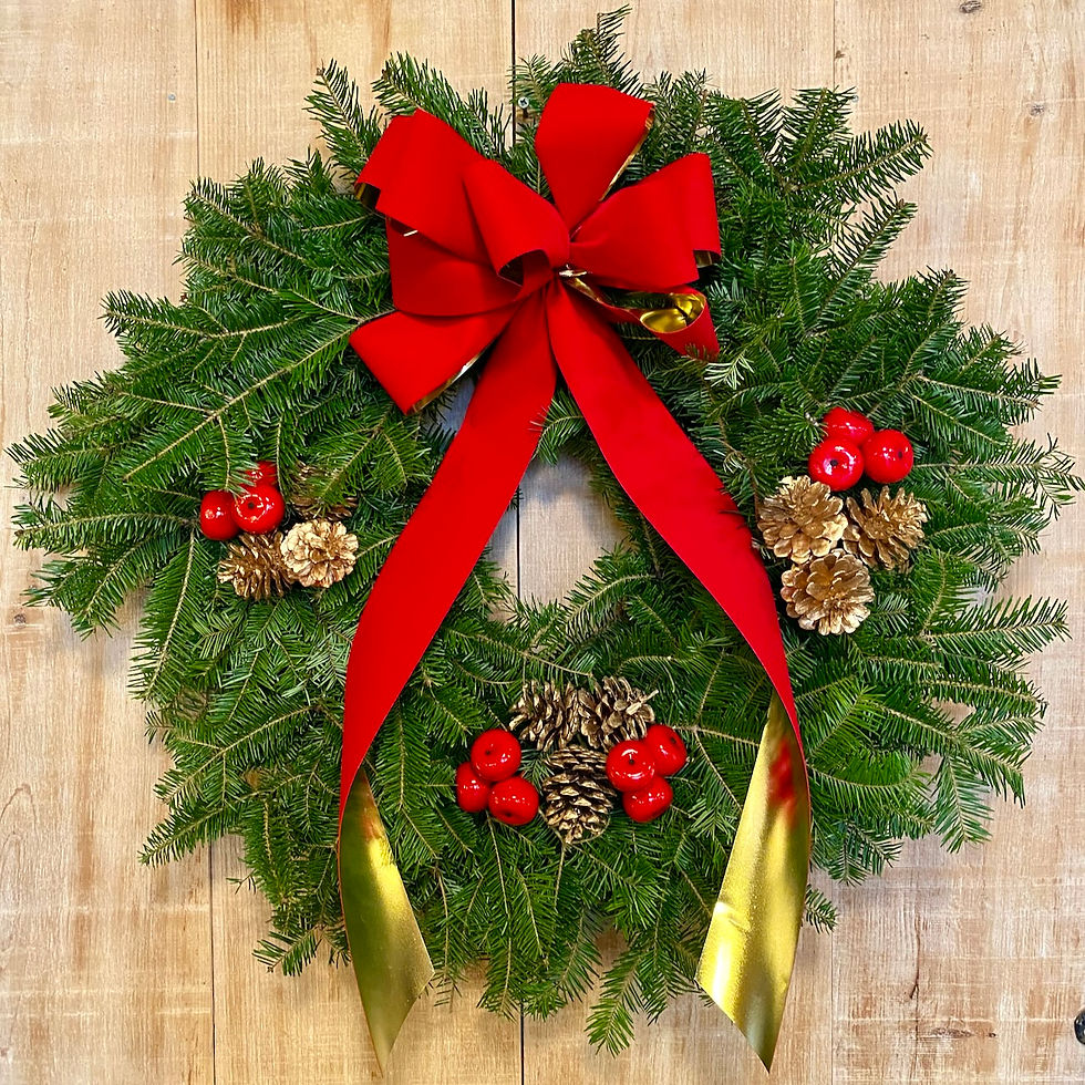 Wallingford Farm's balsam pomegranate wreath with a red and gold bow
