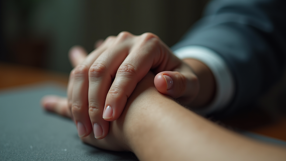Eye-level view of a hand pressing a pressure point on the wrist