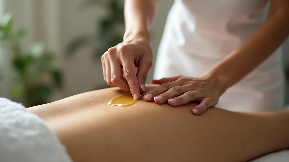 Close-up view of a massage therapist’s hands applying oil on a client’s back