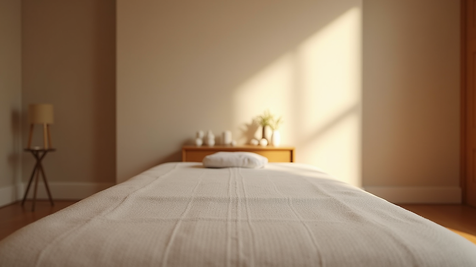Eye-level view of massage table set up in a calm therapy room